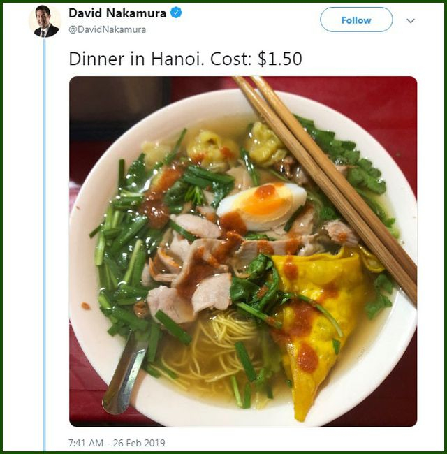 Bữa tối - b&aacute;t m&igrave; vằn thắn - gi&aacute; chỉ 1,5 USD, tương đương hơn 30.000 đồng. Đối với mức chi d&ugrave;ng của người Mỹ, th&igrave; đ&acirc;y được xem l&agrave; bữa tối &ldquo;ngon - bổ - rẻ&rdquo;.