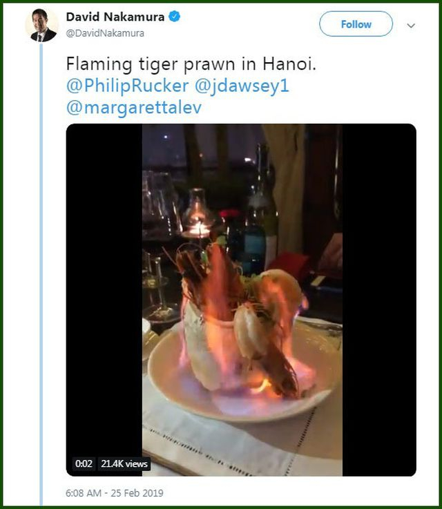 Nakamura chia sẻ tr&ecirc;n trang c&aacute; nh&acirc;n rằng d&ugrave; &ocirc;ng kh&ocirc;ng phải ph&oacute;ng vi&ecirc;n chuy&ecirc;n về ẩm thực, nhưng đi đến đ&acirc;u &ocirc;ng cũng th&iacute;ch th&uacute; quan s&aacute;t, t&igrave;m hiểu, thưởng thức ẩm thực bản địa. Ph&oacute;ng vi&ecirc;n n&agrave;y đ&atilde; d&agrave;nh cho bản th&acirc;n cả những trải nghiệm đẳng cấp với ẩm thực tại H&agrave; Nội.