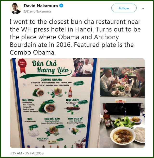 Nakamura đ&atilde; nghe về m&oacute;n b&uacute;n chả m&agrave; &ocirc;ng Obama từng thử tại Việt Nam. Thật t&igrave;nh cờ khi &ocirc;ng đặt ch&acirc;n v&agrave;o một qu&aacute;n b&uacute;n chả v&agrave; ph&aacute;t hiện ra đ&oacute; ch&iacute;nh l&agrave; nơi &ocirc;ng Obama từng d&ugrave;ng bữa. Nakamura gọi ngay một xuất &ldquo;Combo Obama&rdquo;.