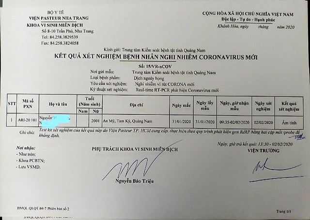Kết quả xét nghiệm của N.T.H.N. âm tính với virus corona