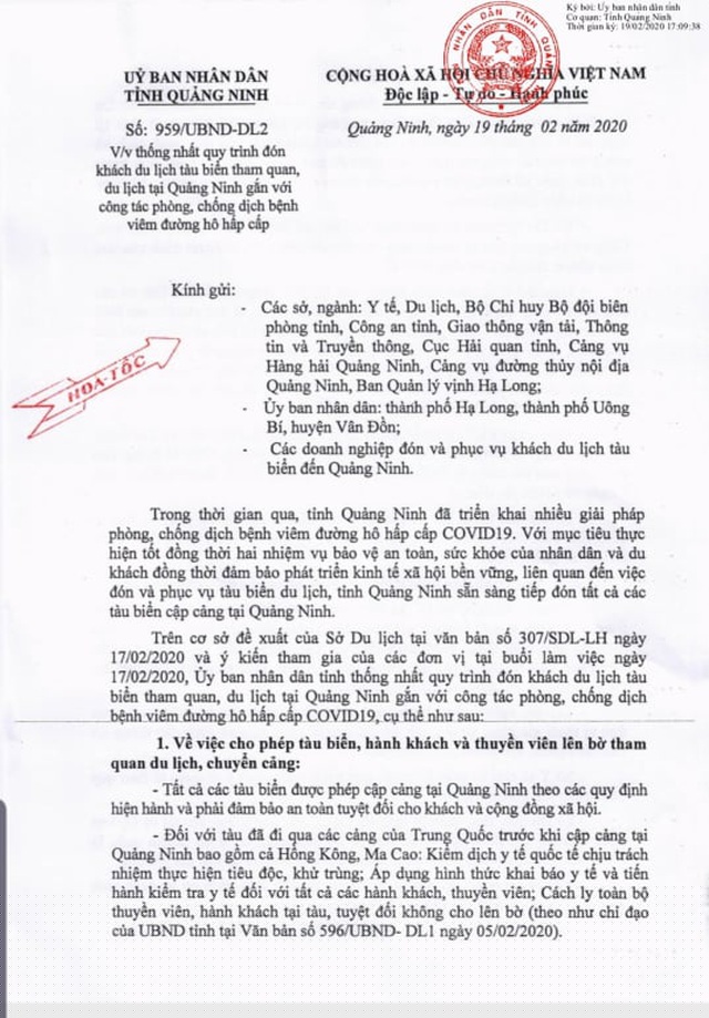 Văn bản hỏa tốc về việc thống nhất quy trình đón khách du lịch tàu biển 