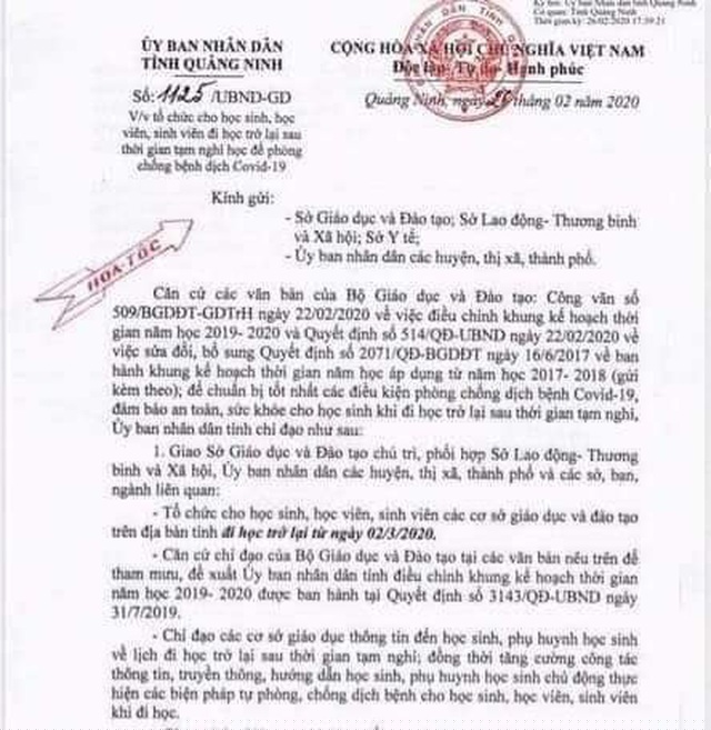 Quảng Ninh ban hành văn bản hỏa tốc về việc tổ chức cho học sinh, sinh viên đi học trở lại.
