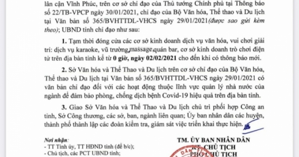 Vĩnh Phúc: Tạm dừng hoạt động các cơ sở kinh doanh dịch vụ văn hóa, giải trí