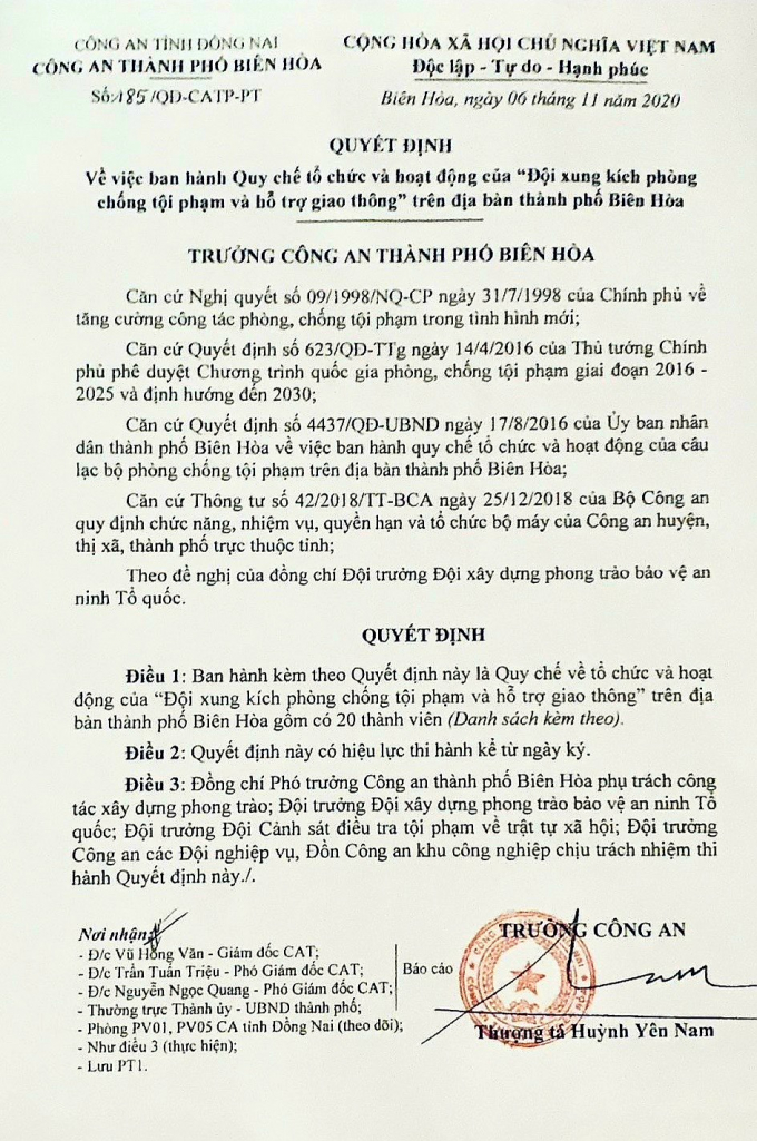 Quyết định về việc ban h&agrave;nh Quy chế tổ chức v&agrave; hoạt động  của &ldquo;Đội xung k&iacute;ch ph&ograve;ng chống tội phạm v&agrave; hỗ trợ giao th&ocirc;ng.
