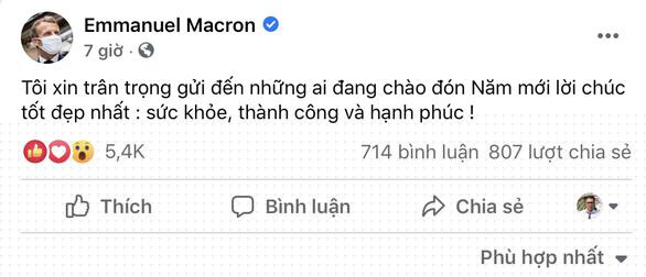Thông điệp chúc tết bằng tiếng Việt của Tổng thống Macron trên Facebook. Ảnh: Facebook