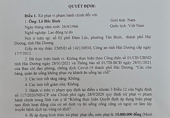 Quyết định xử phạt tiền 30 triệu đồng với 2 chủ quán vi phạm quy định về phòng chống dịch COVID-19, phục vụ khách ăn uống tại chỗ.