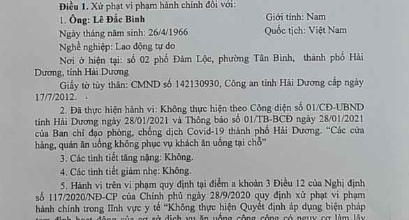 Hải Dương: Xử phạt 30 triệu đồng 2 chủ quán phục vụ khách ăn tại chỗ bất chấp lệnh cấm