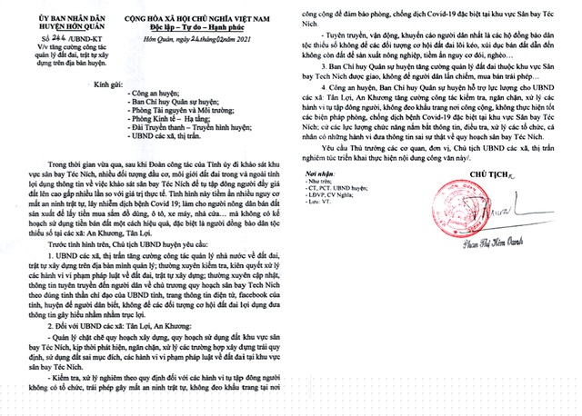 Văn bản gửi Công an huyện, các phòng ban chuyên môn về việc tăng cường công tác quản lý đất đai, trật tự xây dựng của lãnh đạo huyện Hớn Quản (Bình Phước)