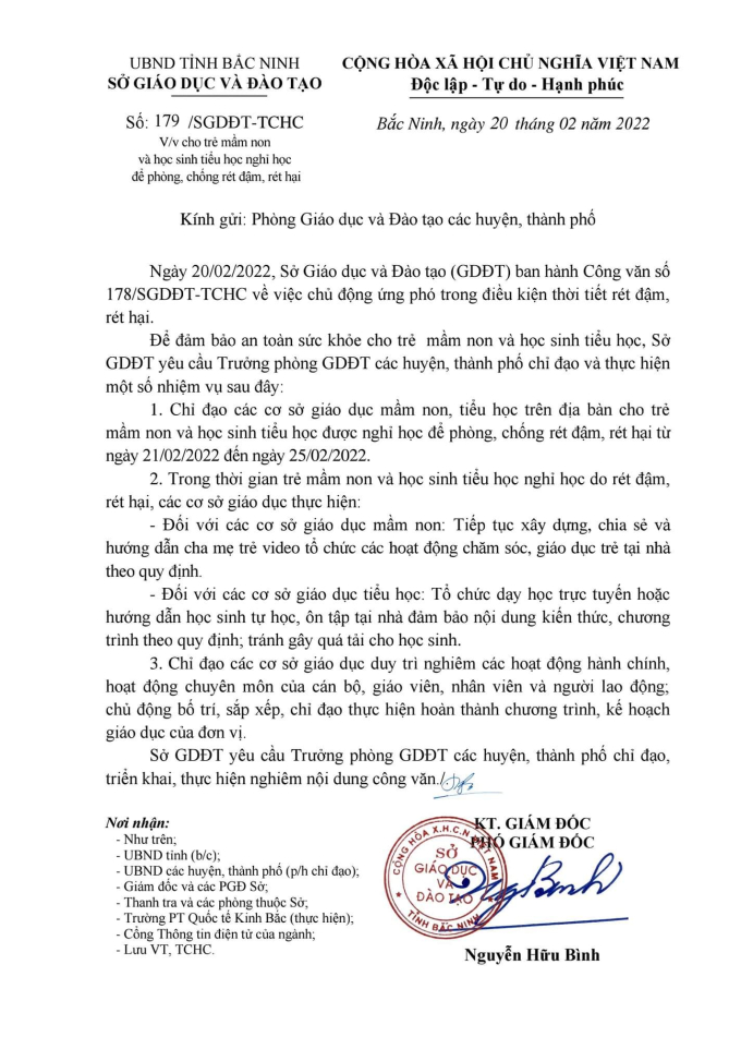 Công văn số 179/SGDĐT-TCHC của Sở Giáo dục và Đào tạo tỉnh Bắc Ninh.