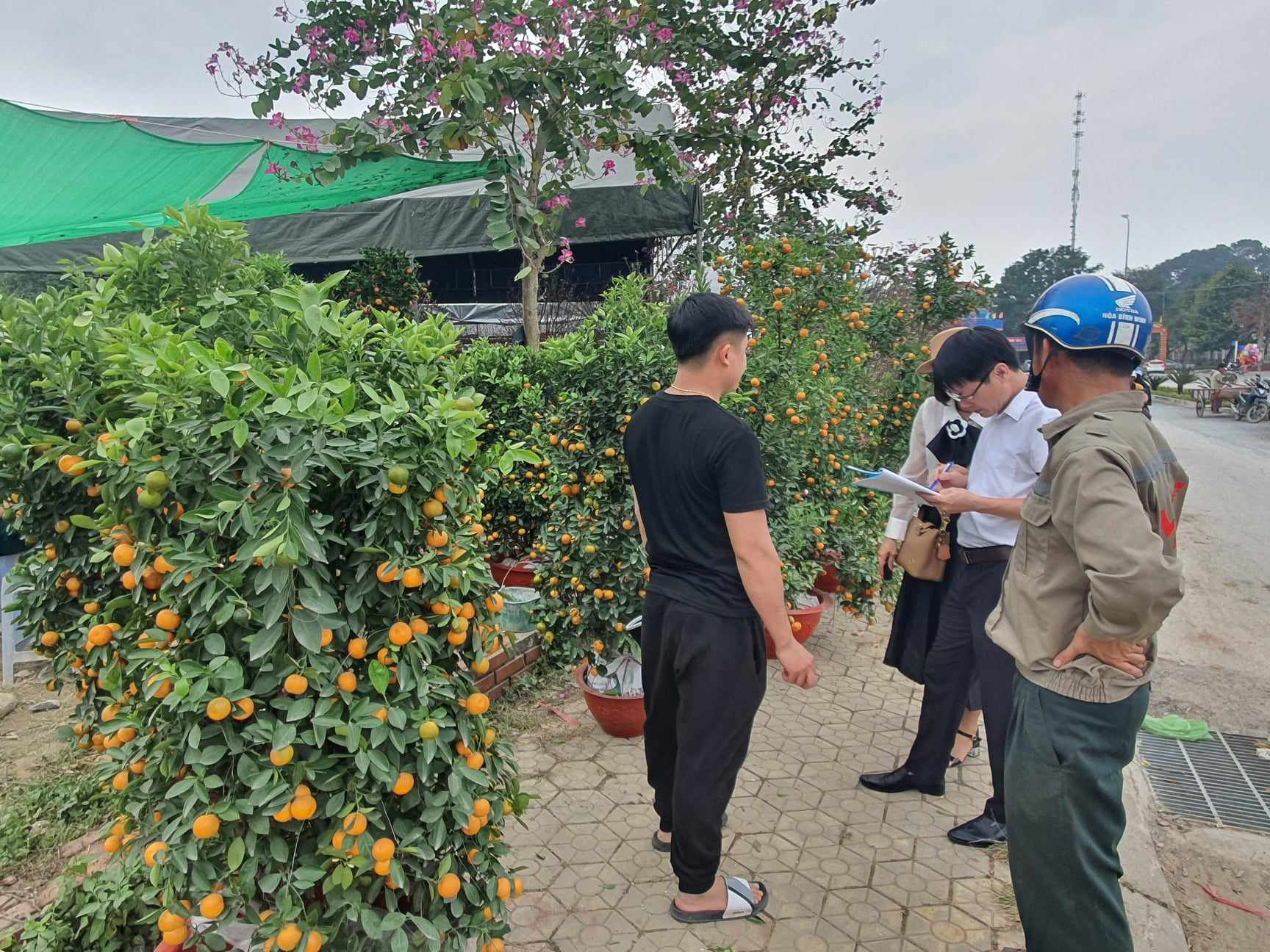 Ngoài công việc thường nhật, công chức thị trấn Thanh Chương còn đảm nhận thêm nhiệm vụ quản lý chợ hoa tết.