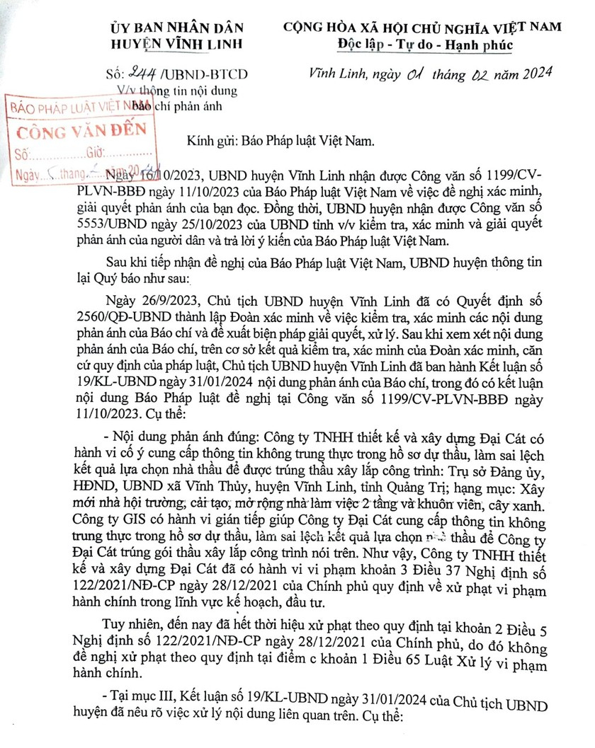 Công văn UBND huyện Vĩnh Linh gửi Báo PLVN. (Ảnh: Hồng Thương)