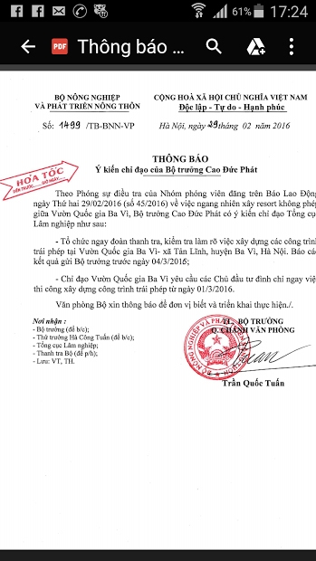 &nbsp;C&ocirc;ng văn hỏa tốc của Bộ NNPTNT th&ocirc;ng b&aacute;o &yacute; kiến chỉ đạo của Bộ trưởng Cao Đức Ph&aacute;t về vụ việc.