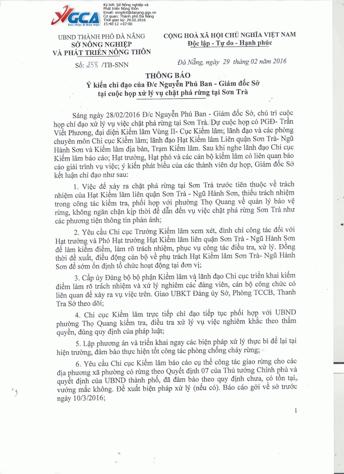 Th&ocirc;ng b&aacute;o của Sở NN&amp;amp;amp;PTNT Đ&agrave; Nẵng về vụ việc.