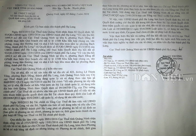 Th&ocirc;ng b&aacute;o số 1360 của Cục thuế tỉnh Quảng Ninh ra ng&agrave;y 2.3, khẳng định TP. Hạ Long ra Quyết định thu hồi v&agrave; Quyết định cưỡng chế thu hồi đất tại trụ sở Chi cụ thuế Hạ Long l&agrave; tr&aacute;i ph&aacute;p luật.