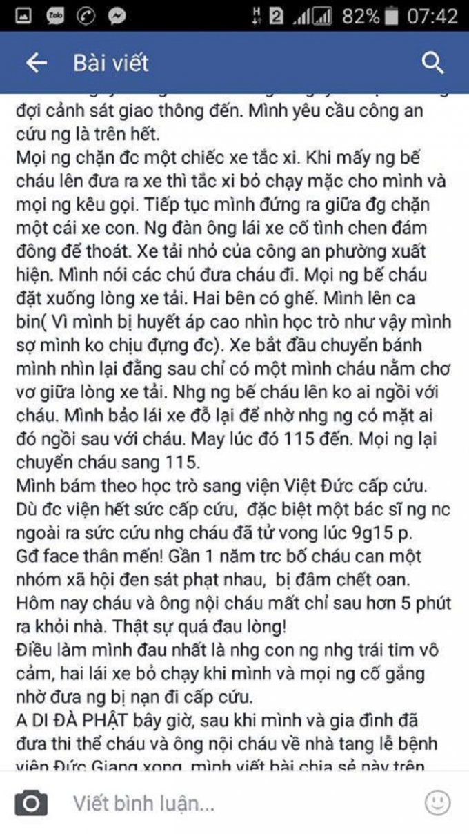 Người được cho l&agrave; nh&acirc;n chứng vụ tai nạn kể lại h&agrave;nh tr&igrave;nh kh&oacute; khăn khi nhờ người đưa nạn nh&acirc;n đi cấp cứu.