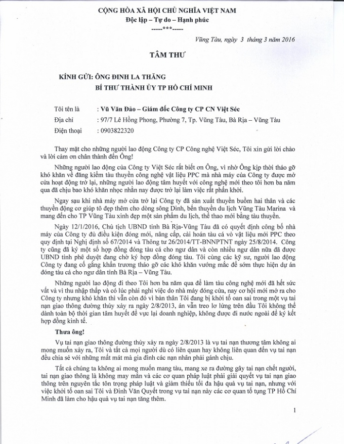 Bị can Vụ ch&igrave;m ca n&ocirc; Cần Giờ gửi T&acirc;m thư tới B&iacute; thư Thăng