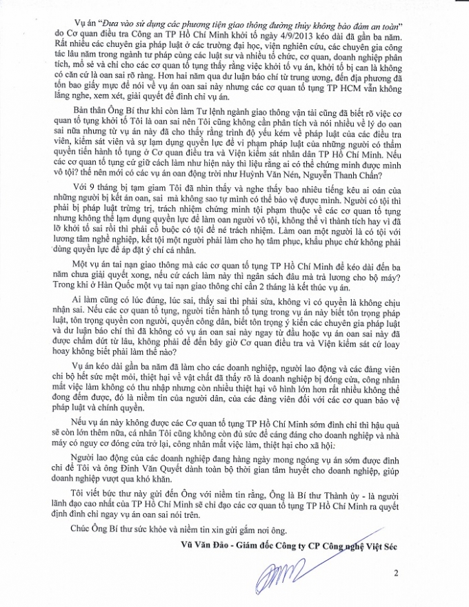 T&acirc;m thư &ocirc;ng Vũ Văn Đảo - Gi&aacute;m đốc C&ocirc;ng ty CP C&ocirc;ng nghệ Việt S&eacute;c gửi B&iacute; thư Th&agrave;nh ủy TP HCM Đinh La Thăng.