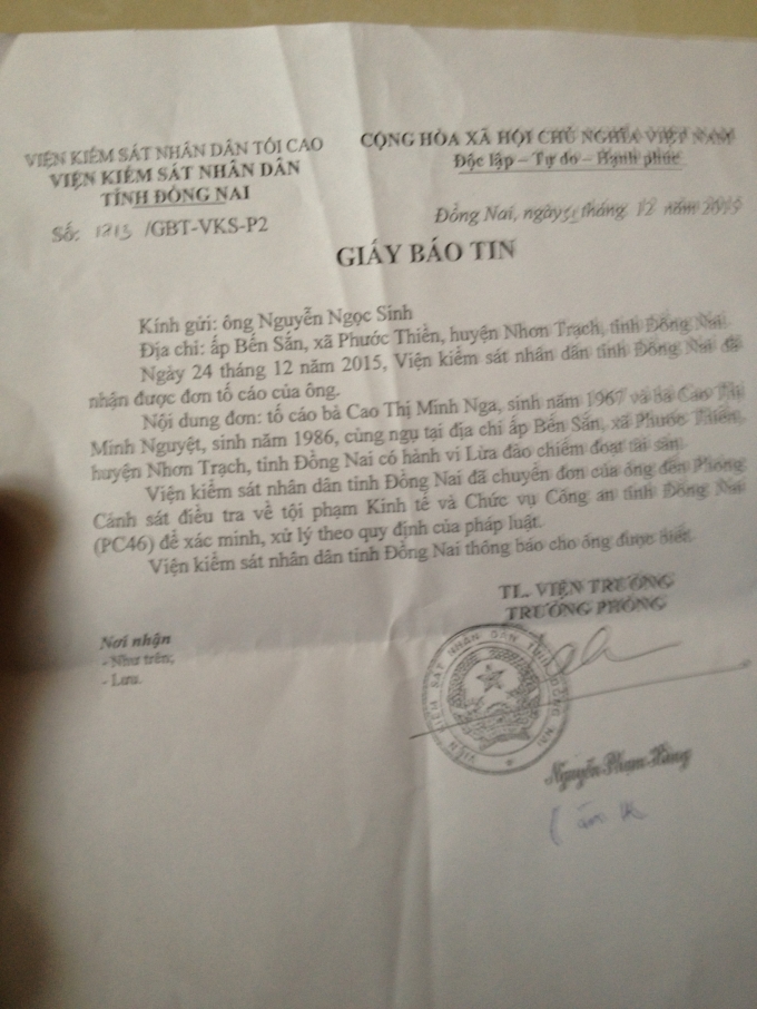 Giấy b&aacute;o tin VKS gửi &ocirc;ng Sinh