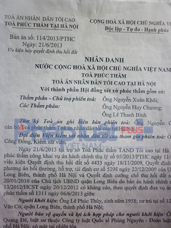 Bản &aacute;n số 114/2013/PHTC về việc huỷ&nbsp;quyết định thu hồi đất của UBND quận Long Bi&ecirc;n.