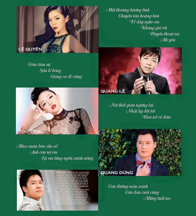 Những bản nhạc t&igrave;nh &ecirc;m &aacute;i sẽ được Lệ Quy&ecirc;n v&agrave; c&aacute;c nghệ sĩ kh&aacute;ch mời thể hiện trong &nbsp;Live concert Lệ Quy&ecirc;n 2016.