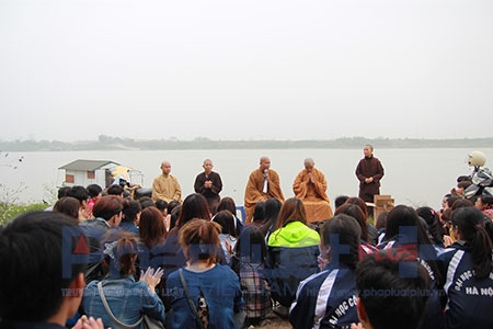 Ngay từ chiều, c&aacute;c phật tử đ&atilde; sớm chuyển c&aacute;c sinh vật nước như c&aacute; ch&eacute;p, c&aacute;c tr&ecirc;, lươn, ốc, hến,&hellip; v&agrave; c&ugrave;ng b&agrave;y biện c&aacute;c thực chay tr&ecirc;n ph&agrave;.