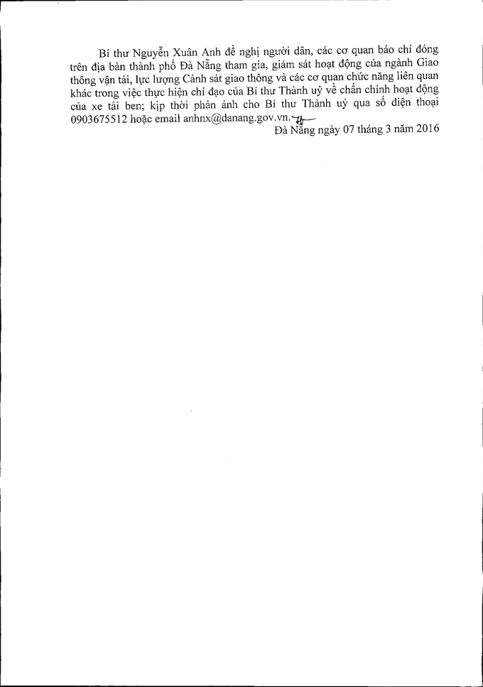 Th&ocirc;ng c&aacute;o b&aacute;o ch&iacute; của B&iacute; thư Nguyễn Xu&acirc;n Anh chấn chỉnh xe ben tr&ecirc;n địa b&agrave;n