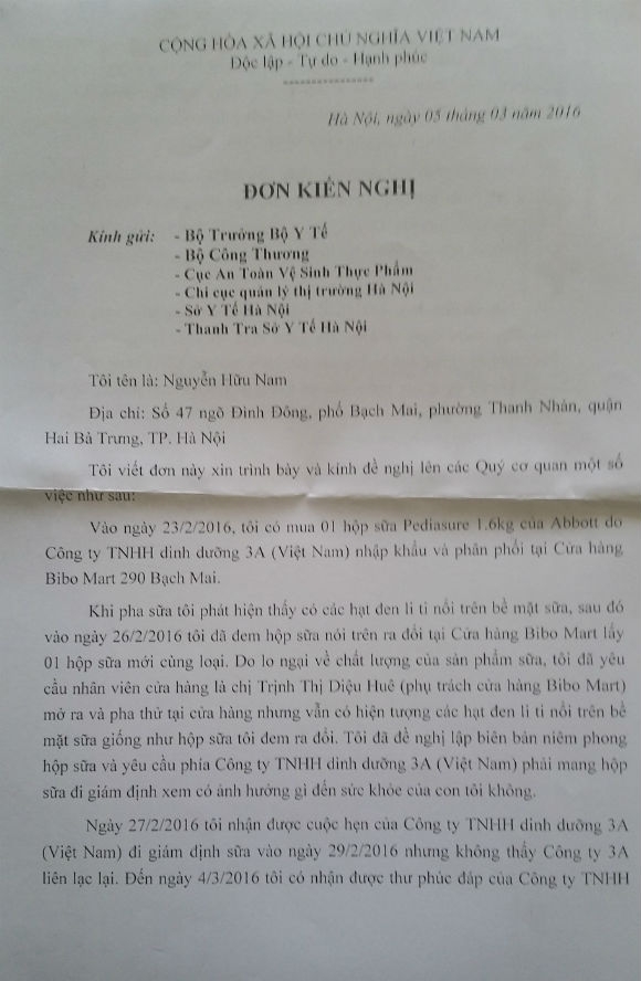 Đơn kiến nghị của kh&aacute;ch h&agrave;ng Nguyễn Hữu Nam gửi tới c&aacute;c cơ quan chức năng đề nghị l&agrave;m r&otilde; chất lượng sản phẩm sữa PediaSure.&nbsp;