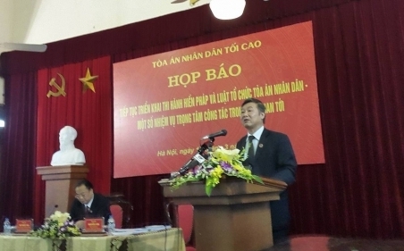 Đồng ch&iacute;&nbsp;Nguyễn Sơn, Ph&oacute; Ch&aacute;nh &aacute;n TANDTC ph&aacute;t biểu tại cuộc họp b&aacute;o.