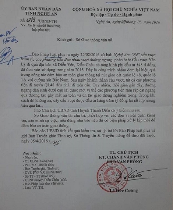 C&ocirc;ng văn của UBND tỉnh Nghệ An y&ecirc;u cầu xử l&yacute; vấn đề B&aacute;o Ph&aacute;p luật Plus n&ecirc;u.