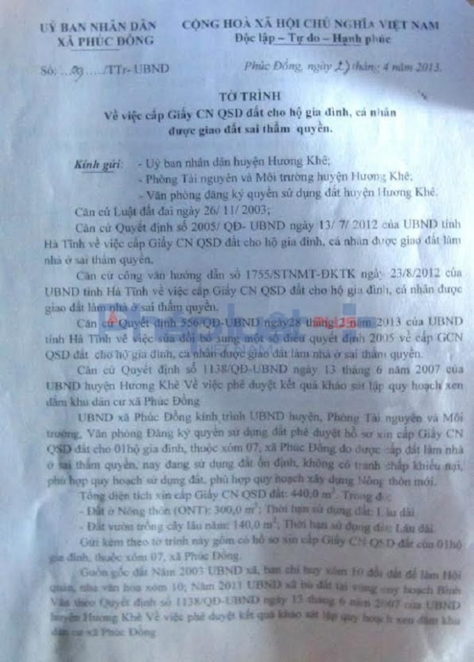 X&atilde; Ph&uacute;c Đồng đ&atilde; gửi tờ tr&igrave;nh l&ecirc;n c&aacute;c ban l&atilde;nh đạo Huyện Hương kh&ecirc; từ năm 2013 nhưng sự việc vẫn chưa được giải quyết.