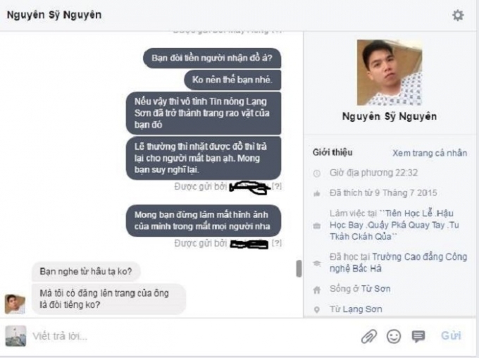 Đoạn tin nhắn tố&nbsp; Facebooker Nguy&ecirc;n Sỹ Nguy&ecirc;n đ&ograve;i tiền chuộc l&agrave; thật.(Ảnh:Tin n&oacute;ng Lạng Sơn).