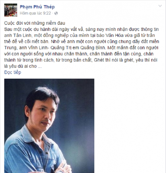 Chia sẻ về nh&agrave; thơ, nh&agrave; b&aacute;o T&acirc;n Linh tr&ecirc;n trang Facebook c&aacute; nh&acirc;n của nh&agrave; b&aacute;o Phạm Ph&uacute; Th&eacute;p.&nbsp;