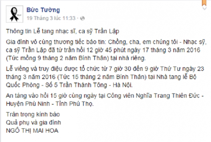 Th&ocirc;ng b&aacute;o về đ&aacute;m tang Trần Lập được ph&aacute;t đi bởi Fanpage được cho l&agrave; ch&iacute;nh thức của ban nhạc Bức Tường. Nguồn: facebook.