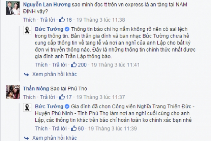 Th&ocirc;ng tin ch&iacute;nh thức được ph&aacute;t đi từ ban nhạc Bức Tường v&agrave; gia quyến đ&atilde; khẳng định lại chuẩn x&aacute;c về nơi y&ecirc;n nghỉ của người nhạc sỹ, ca sỹ t&agrave;i hoa. Nguồn: Facebook.