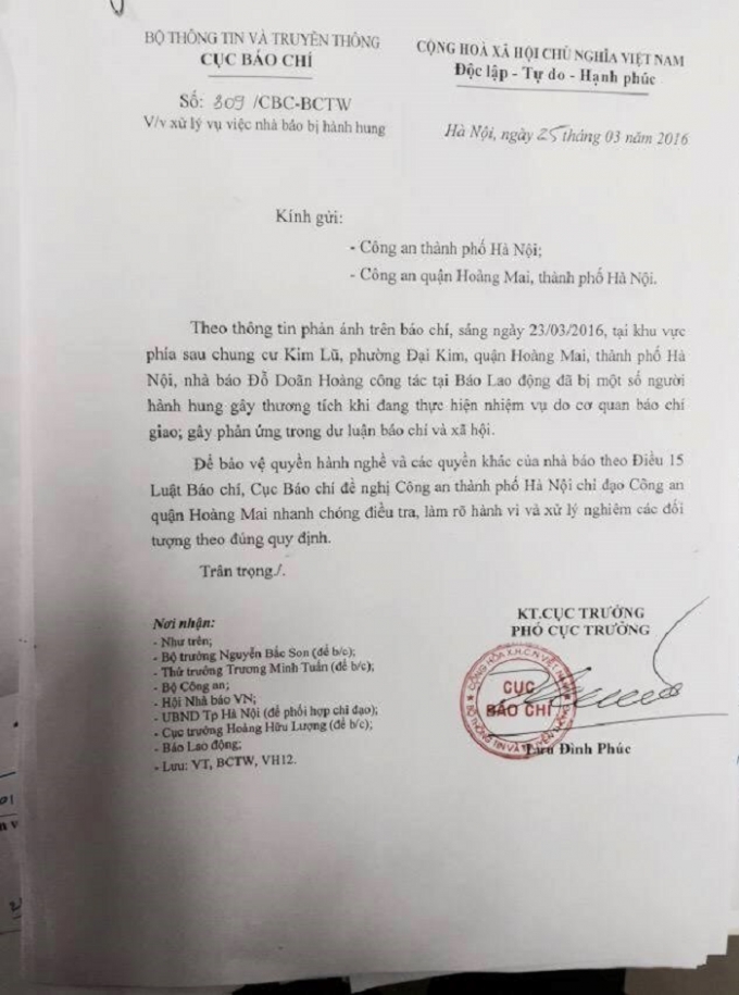 C&ocirc;ng văn của Cục B&aacute;o ch&iacute; đề nghị điều tra l&agrave;m r&otilde; vụ h&agrave;nh hung nh&agrave; b&aacute;o Đỗ Do&atilde;n Ho&agrave;ng (Ảnh: Infonet.vn).