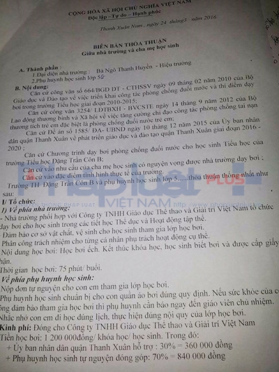 Bi&ecirc;n bản thỏa thuận giữa nh&agrave; trường với cha mẹ học sinh.