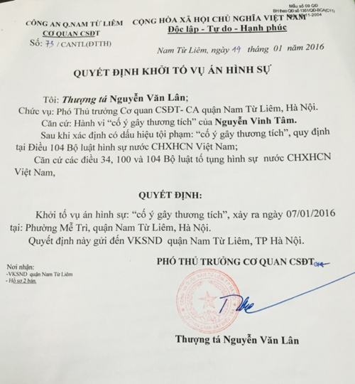 Quyết định số 73/CANTL (ĐTTH) khởi tố vụ &aacute;n h&igrave;nh sự cố &yacute; g&acirc;y thương t&iacute;ch xảy ra v&agrave;o ng&agrave;y 7/1/2016 tại phường Mễ Tr&igrave;, quận Nam Từ Li&ecirc;m, H&agrave; Nội.