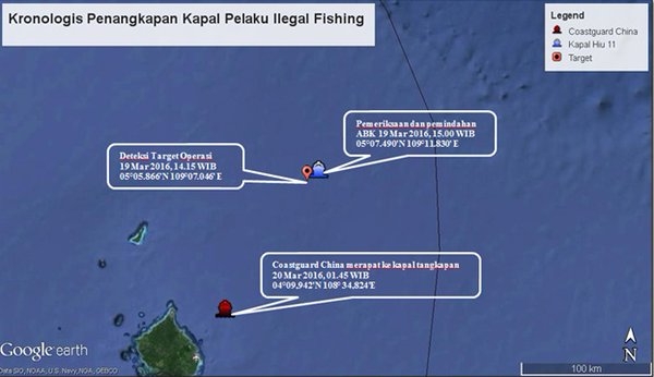 Vị tr&iacute; t&agrave;u KP Hui 11 của Indonesia (tr&ecirc;n) chặn bắt t&agrave;u c&aacute; Trung Quốc đ&aacute;nh bắt tr&aacute;i ph&eacute;p v&agrave; &aacute;p giải, trước khi bị t&agrave;u tuần tra bờ biển Trung Quốc &aacute;p s&aacute;t, cản trở (chấm đỏ dưới), c&aacute;ch đảo Natuna chỉ 4km. (Ảnh: Diplomat)