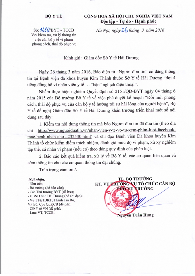 C&ocirc;ng văn khẩn của Bộ Y tế gửi Sở Y tế Hải Dương y&ecirc;u cầu l&agrave;m r&otilde; vụ nh&acirc;n vi&ecirc;n y tế bắt bệnh nh&acirc;n đợi 4 tiếng v&igrave;