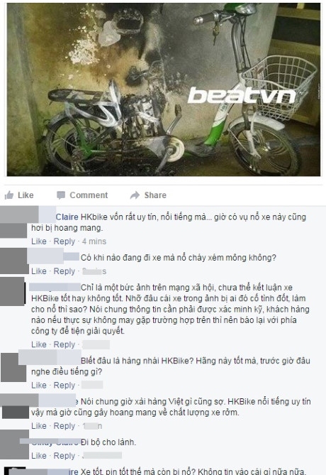 Cư d&acirc;n mạng, người ti&ecirc;u d&ugrave;ng b&agrave;y tỏ sự hoang mang khi biết th&ocirc;ng tin xe HKBike ph&aacute;t nổ.