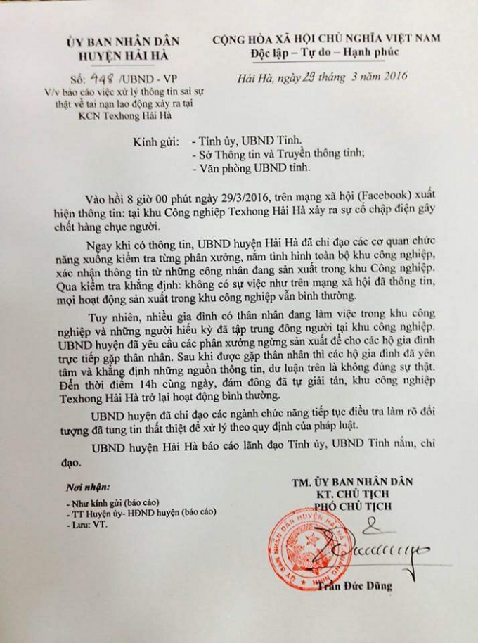 Văn bản th&ocirc;ng b&aacute;o ch&iacute;nh thức về vụ việc của UBND huyện Hải H&agrave;.