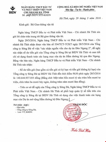 X&aacute;c nhận TCty S&ocirc;ng Đ&agrave; đ&atilde; &ldquo;bơm&rdquo; v&agrave;o dự &aacute;n n&agrave;y hơn 140 tỷ đồng vừa được BIDV H&agrave; Tĩnh ph&aacute;t h&agrave;nh h&ocirc;m 29/3.