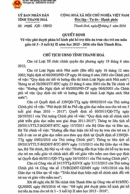 Quyết định 1096 sẽ hỗ trợ hơn 39 tỉ đồng cho khoảng 65.000 trẻ mầm non từ 3-5 tuổi.