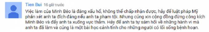 &nbsp;Nick name Tien Bui cho rằng việc l&agrave;m của Minh B&eacute;o l&agrave; đ&aacute;ng xấu hổ v&agrave; kh&ocirc;ng thể chấp nhận được.