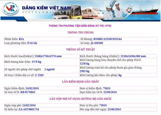 Theo th&ocirc;ng tin phương tiện đăng tr&ecirc;n Đăng kiểm kiểm Việt Nam th&igrave; chiếc xe mang BKS 75C - 0792 c&oacute; hạn kiểm định đến ng&agrave;y 23/08/2016.