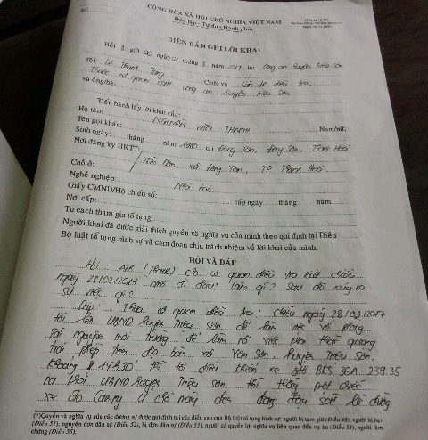 Bi&ecirc;n bản lấy lời khai tại cơ quan điều tra về vụ việc