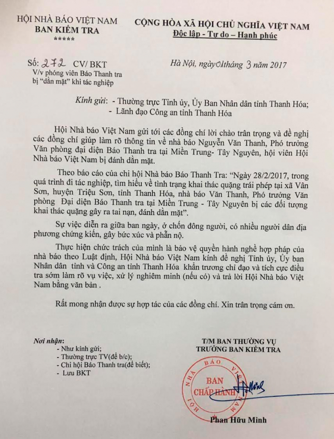 Ng&agrave;y 1/3, Hội nh&agrave; b&aacute;o Việt Nam gửi c&ocirc;ng văn số 272-CV/BKT đến Thường trực Tỉnh ủy, UBND tỉnh v&agrave; C&ocirc;ng an tỉnh Thanh H&oacute;a đề nghị l&agrave;m r&otilde; vụ việc