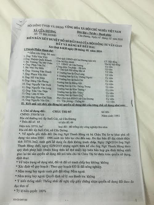Bi&ecirc;n Bản x&eacute;t duyệt hồ sơ đất đai của Hội đồng tư vấn giao đất v&agrave; đăng k&yacute; đất đai x&atilde; Cửa Dương.