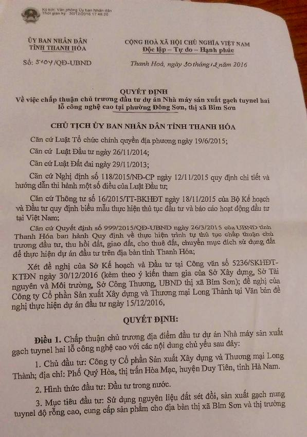 Quyết định ph&ecirc; duyệt x&acirc;y dựng Nh&agrave; m&aacute;y gạch Tuynel tr&ecirc;n địa b&agrave;n phường Đ&ocirc;ng Sơn của UBND tỉnh Thanh H&oacute;a