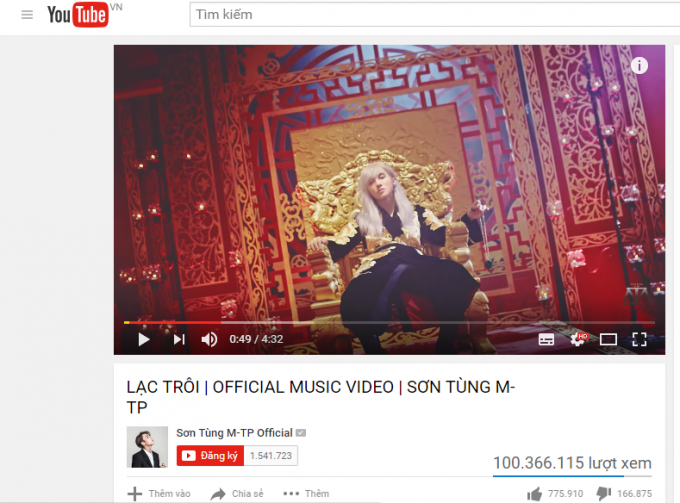 Lạc Tr&ocirc;i của Sơn T&ugrave;ng c&aacute;n mốc khủng 100 triệu view tr&ecirc;n Youtube